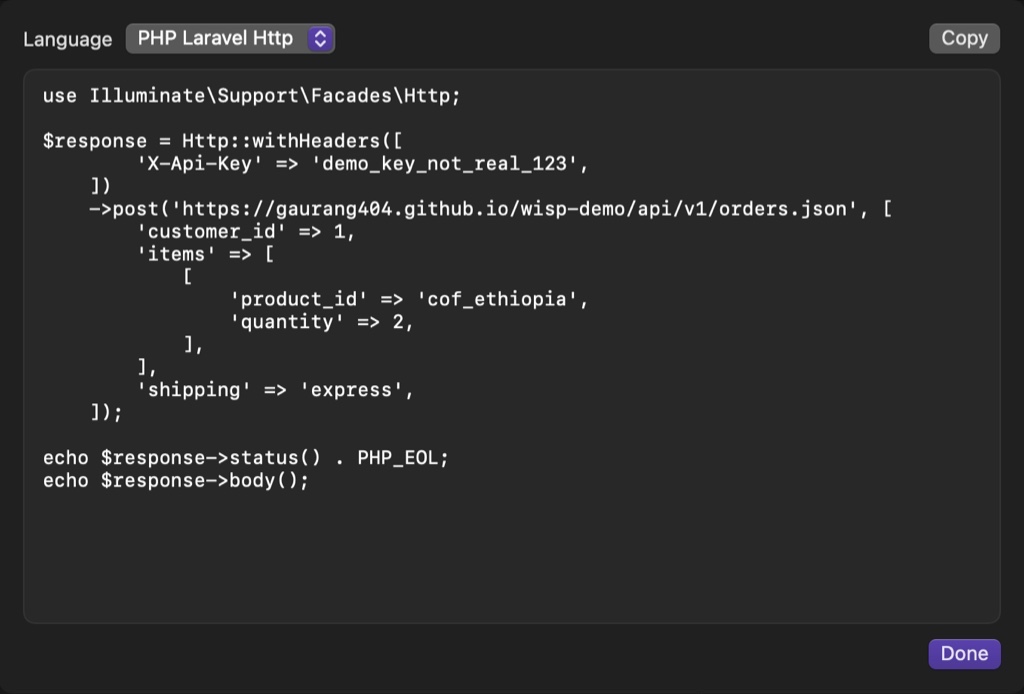 A request exported as Laravel Http code