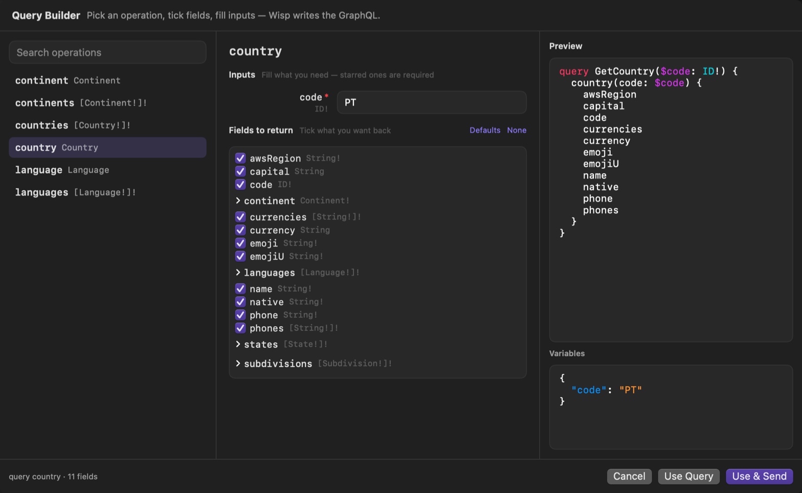 The GraphQL query builder generating a query from the schema