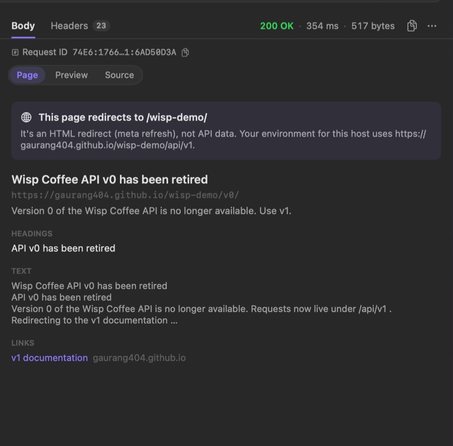 Wisp explaining that an API version was retired and redirects to its docs